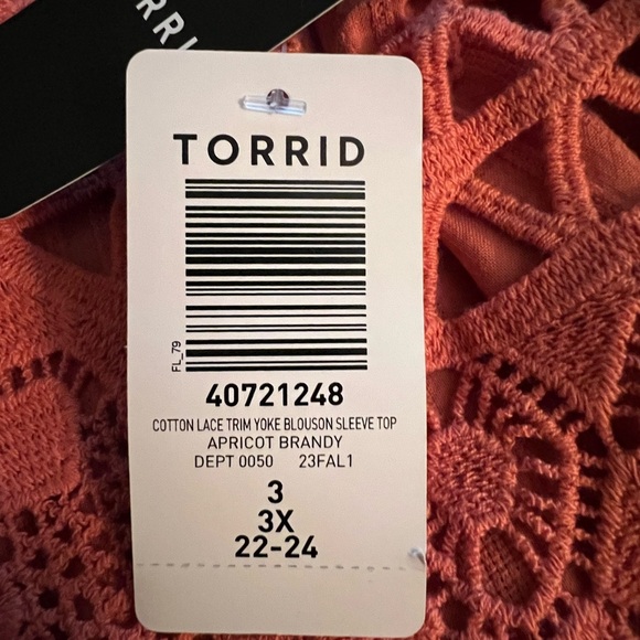 NEW TORRID Boho Cotton Lace Trim Yoke Blouson Sleeve Top in Apricot Brandy 3X - Picture 7 of 12